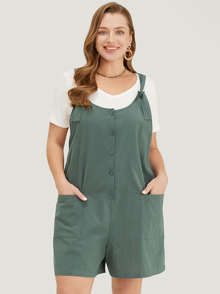 

Plus Size DarkSlateGray Solid Pocket Button Detail Knot Shoulder Overall Romper Women Casual Sleeveless Tie Neck Dailywear Loose Jumpsuits BloomChic