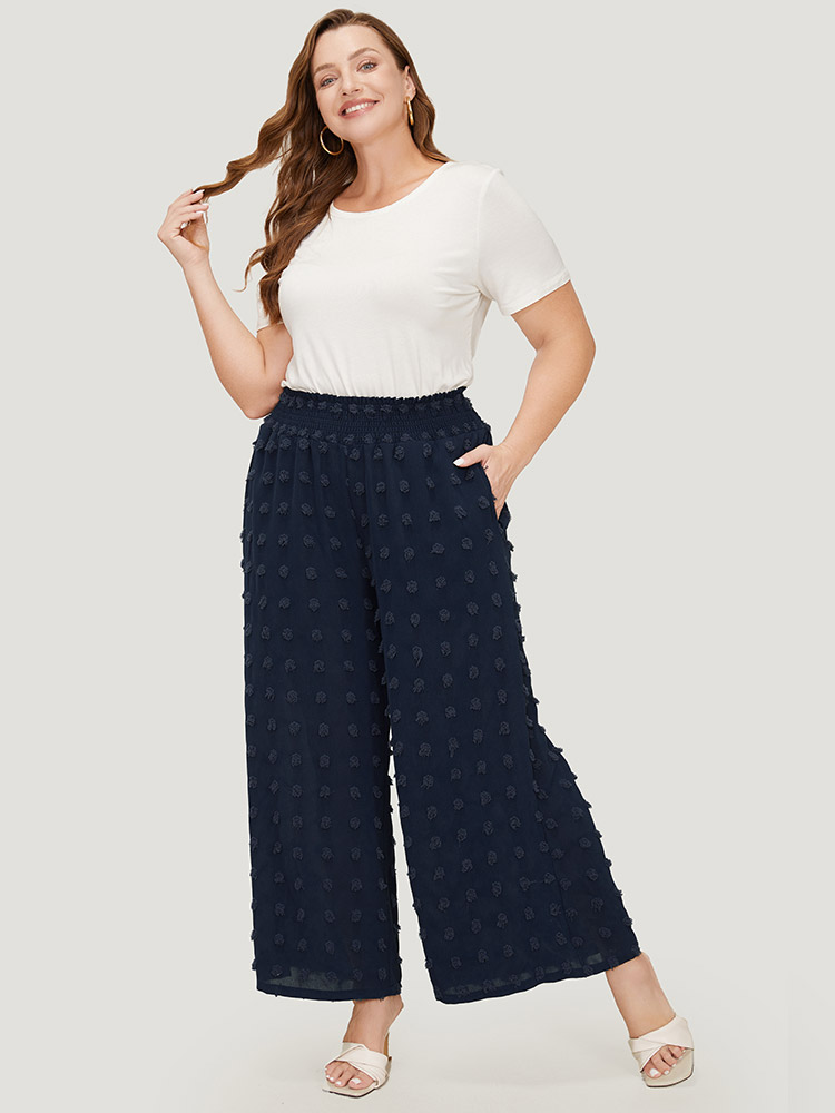 

Plus Size Polka Dot Shirred Waist Pocket Wide Leg Pants Women Indigo Elegant Straight Leg High Rise Dailywear Pants BloomChic