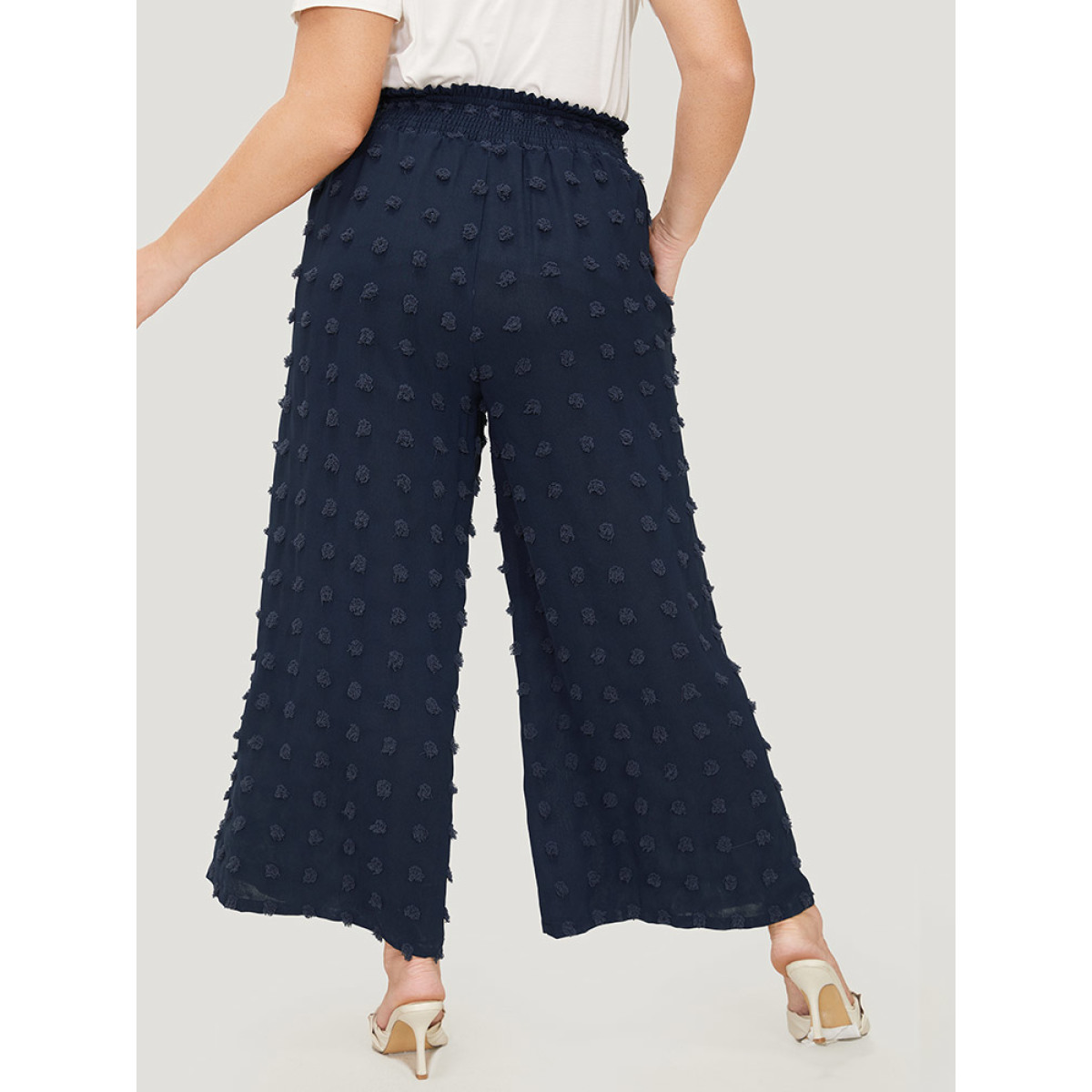 

Plus Size Polka Dot Shirred Waist Pocket Wide Leg Pants Women Indigo Elegant Straight Leg High Rise Dailywear Pants BloomChic