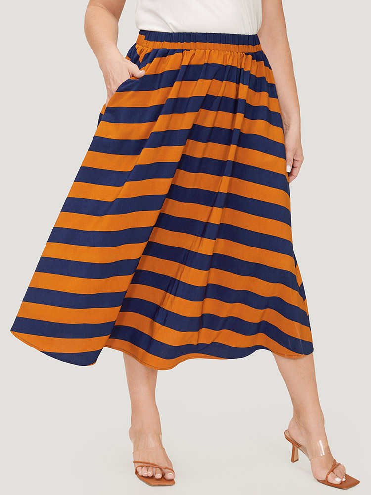 

Plus Size Striped Print Ruffle Hem Pocket Skirt Women Multicolor Office Contrast Low stretch Pocket Work Skirts BloomChic