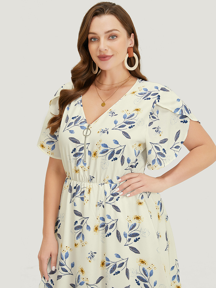 

Plus Size Floral Arc Hem Pocket Split Petal Sleeve Zip Up Dress Ivory Women Office Lined V-neck Short sleeve Curvy Midi Dress BloomChic