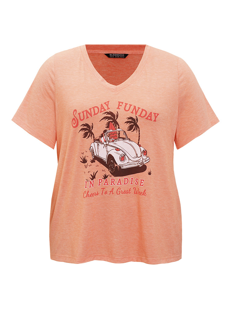 Plus Size Women Dailywear Tropical Regular Sleeve Short sleeve V-neck Casual T-shirts BloomChic 