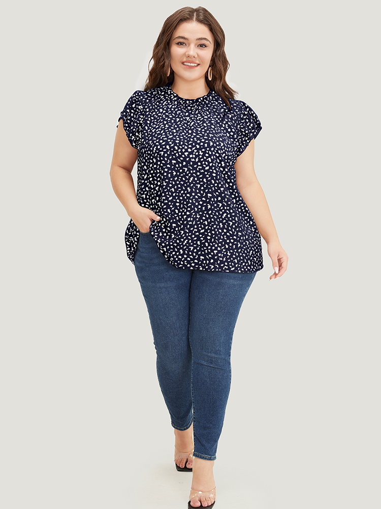 Plus Size Indigo Allover Print Mock Neck Ruffle Layered Sleeve Blouse Women Elegant Cap Sleeve Mock Neck Dailywear Blouses BloomChic 10/M 