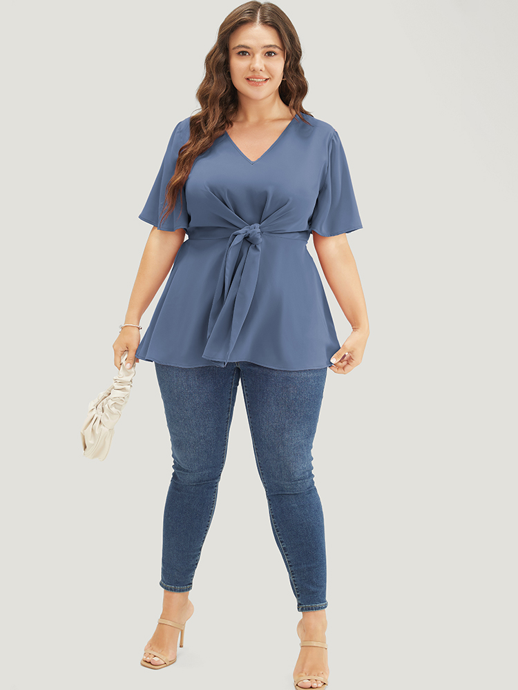 

Plus Size Stone Plain Ruffle Sleeve Knot Front Blouse Women Office Short sleeve V-neck Work Blouses BloomChic