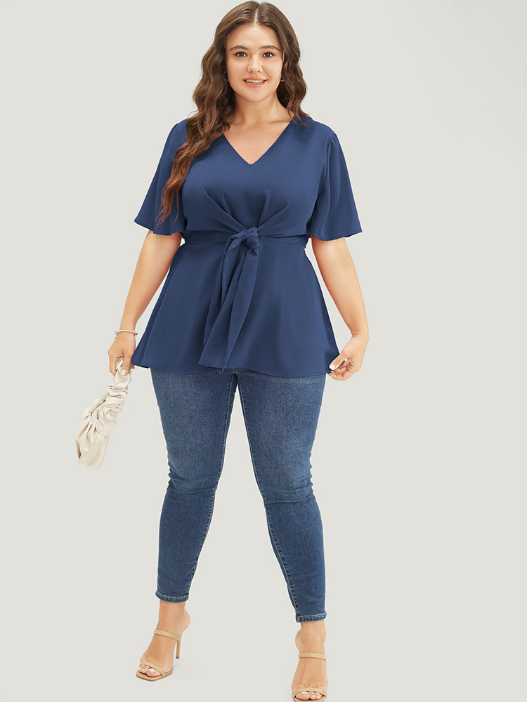 

Plus Size Indigo Plain Ruffle Sleeve Knot Front Blouse Women Office Short sleeve V-neck Work Blouses BloomChic