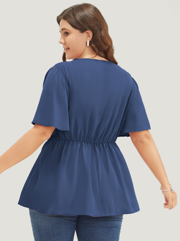 Plus Size Indigo Plain Ruffle Sleeve Knot Front Blouse Women Office Short sleeve V-neck Work Blouses BloomChic 10/M 