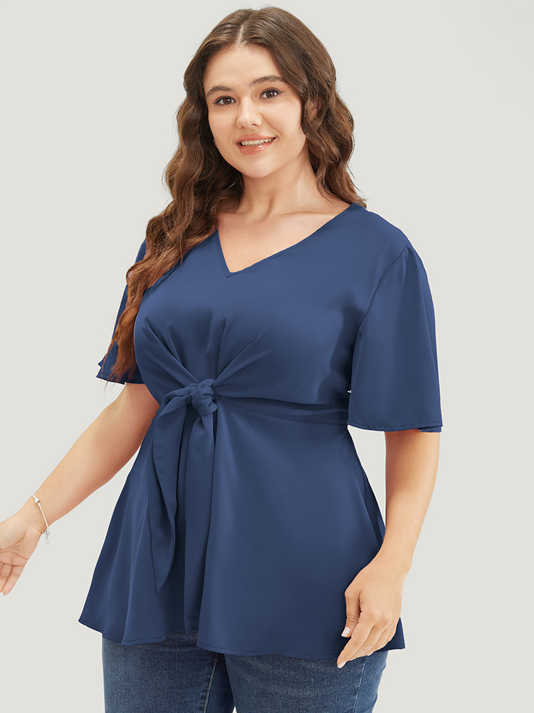 Plus Size Indigo Plain Ruffle Sleeve Knot Front Blouse Women Office Short sleeve V-neck Work Blouses BloomChic 10/M 