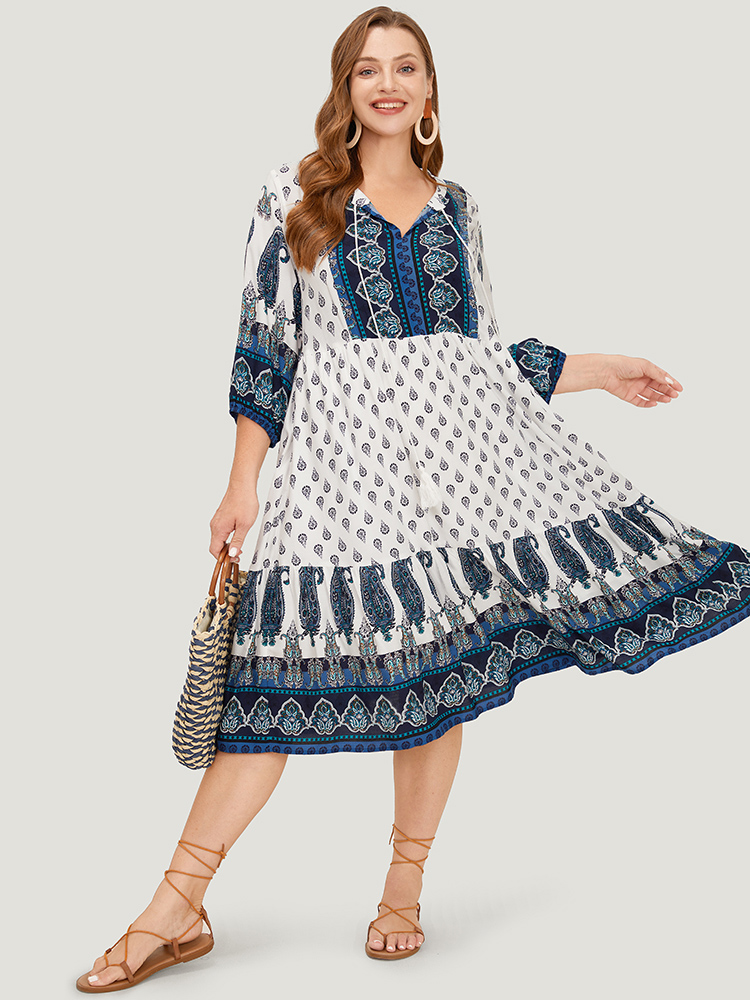 

Plus Size Bandana Print Ruffles Lantern Sleeve Pocket Tassels Tie Neck Dress White Women Vacation Tassels Tie Neck Elbow-length sleeve Curvy Midi Dress BloomChic