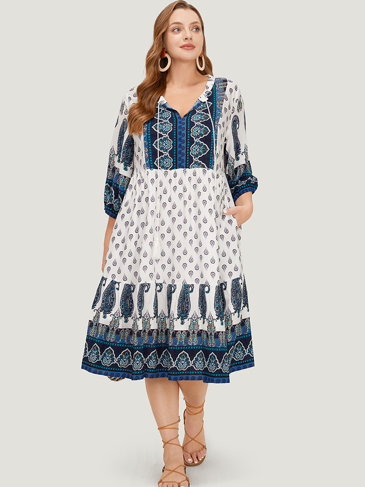 

Plus Size Bandana Print Ruffles Lantern Sleeve Pocket Tassels Tie Neck Dress White Women Vacation Tassels Tie Neck Elbow-length sleeve Curvy Midi Dress BloomChic