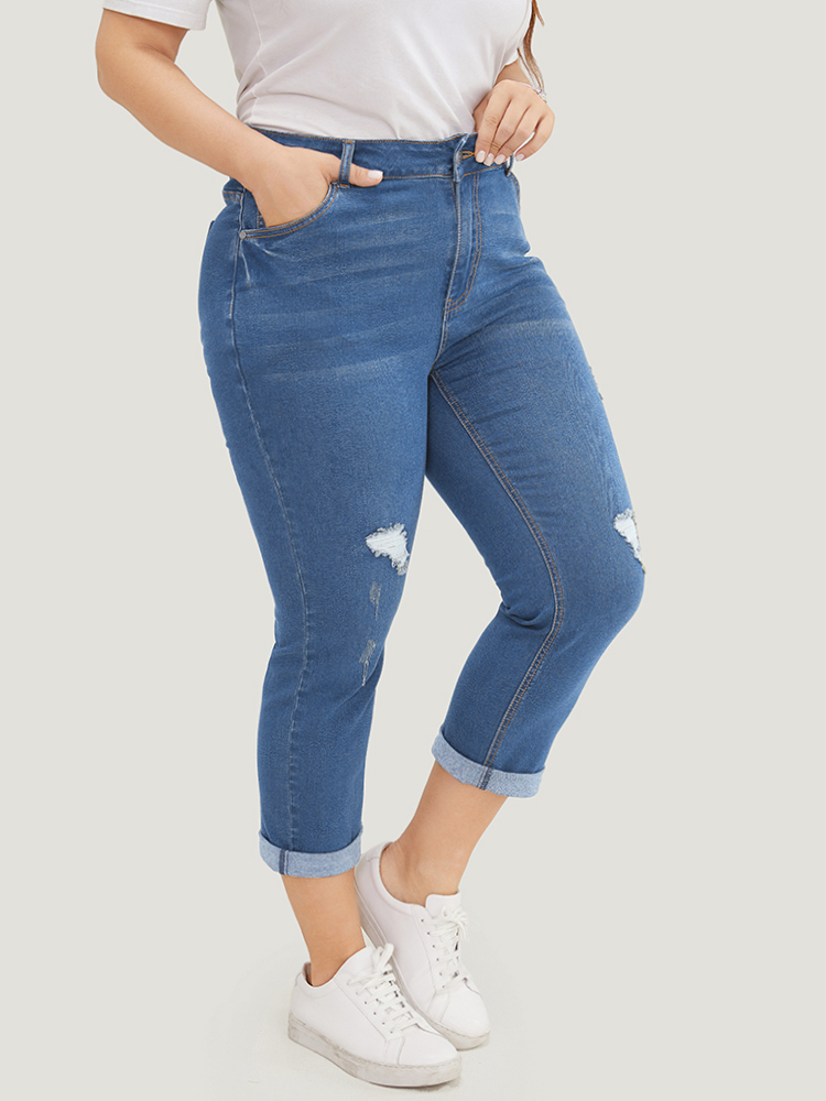 

Plus Size Very Stretchy Dark Wash Roll Hem Cropped Jeans Women Blue Casual Plain Distressed High stretch Patch pocket Jeans BloomChic