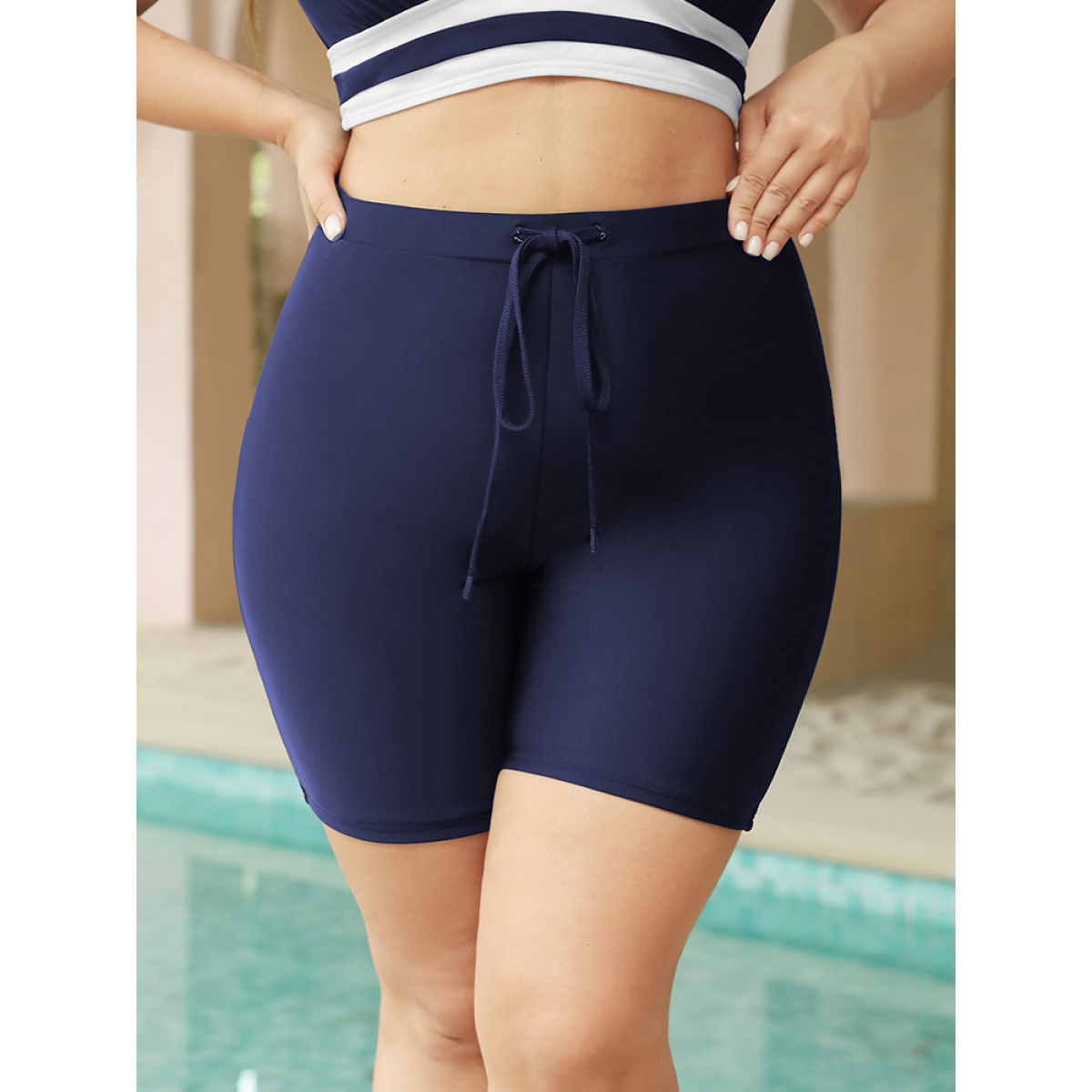 

Plus Size High Waist Ties Front Swim Shorts Women's Swimwear Indigo Vacation Plain High stretch Skinny High Rise Curve Swim Bottoms BloomChic