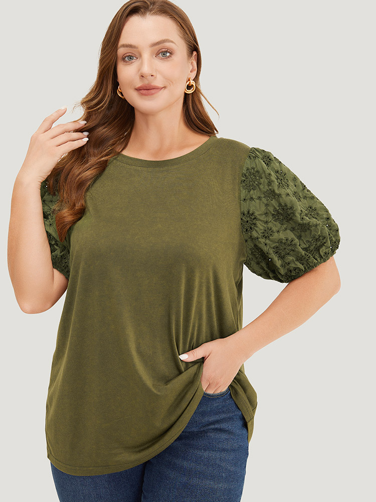 

Plus Size Solid Patchwork Broderie Anglaise Puff Sleeve Vintage T-shirt Sage Women Elegant Patchwork Plain Round Neck Dailywear T-shirts BloomChic