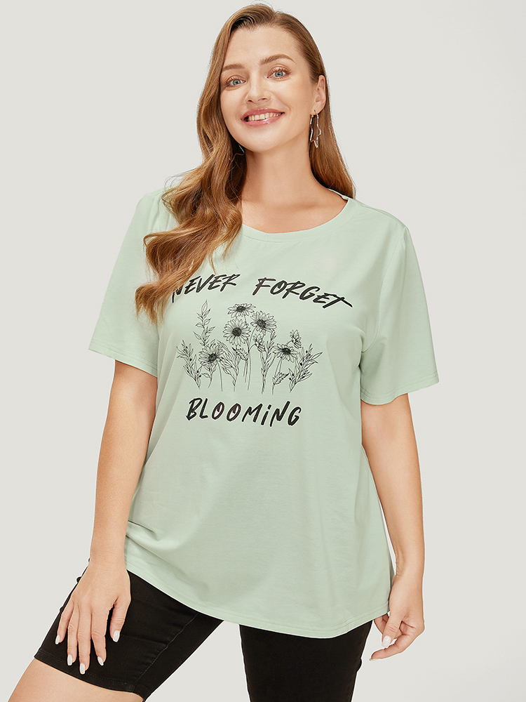 

Plus Size Sunflower & Letter Print Slightly Stretchy Short Sleeve T-shirt LightGreen Women Casual Natural Flowers Round Neck Dailywear T-shirts BloomChic