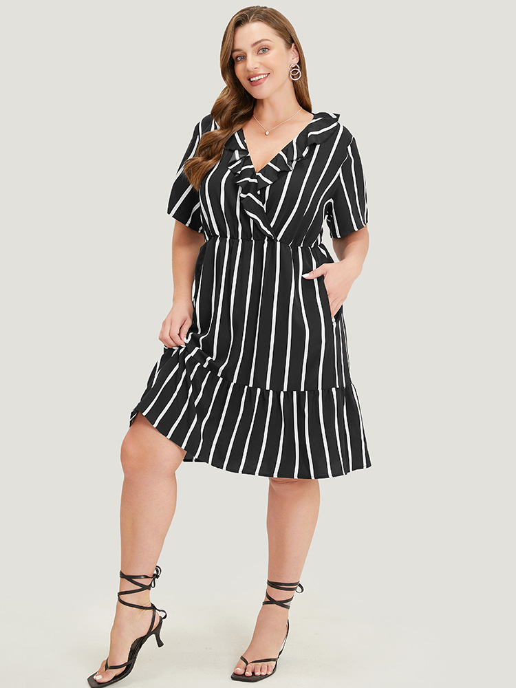 

Plus Size Striped Print Pocket Ruffle Trim Wrap Dress Multicolor Women Elegant Wrap V-neck Short sleeve Curvy Knee Dress BloomChic