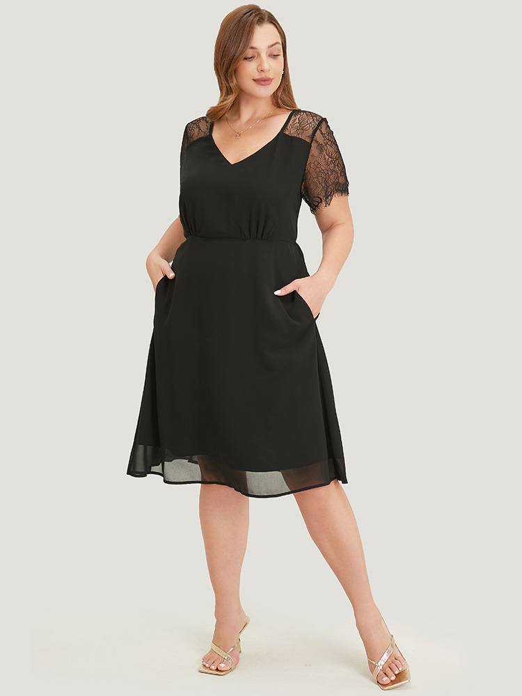 

Plus Size Solid Lace Patchwork Pocket Mesh Flutter Hem Dress Black Women Elegant See through V-neck Short sleeve Curvy Midi Dress BloomChic