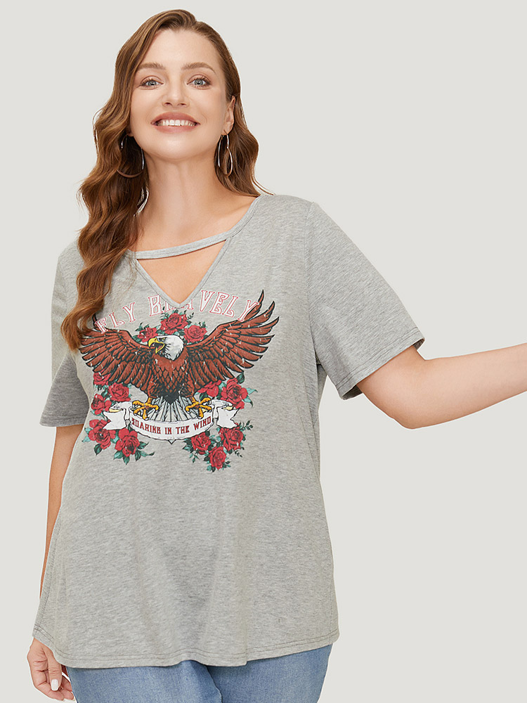 

Plus Size Eagle & Floral Print Keyhole Neck T-shirt Gray Women Casual Keyhole Western Round Neck Dailywear T-shirts BloomChic