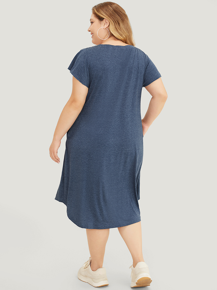 

Plus Size Plain Pleated Ruffle Sleeve Pocket Button Up Curved Hem Dress Stone Women Casual Arc Hem Round Neck Cap Sleeve Curvy Midi Dress BloomChic