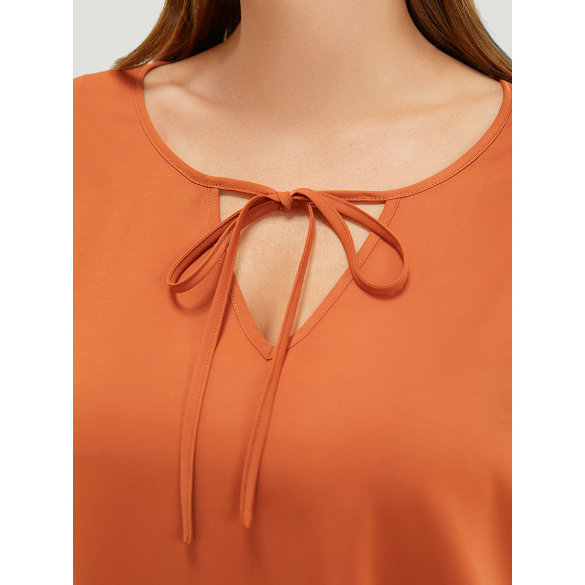 

Plus Size Rust Solid Layered Sleeve Keyhole Tie Neck Contrast Trim Blouse Women Elegant Short sleeve Tie Neck Dailywear Blouses BloomChic