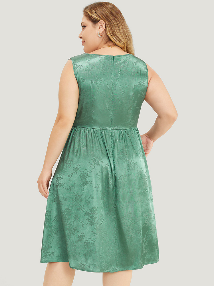 

Plus Size Floral Satin Pocket Ruffle Hem Zip Back Tank Dress Emerald Women Glamour Zipper Square Neck Sleeveless Curvy Knee Dress BloomChic