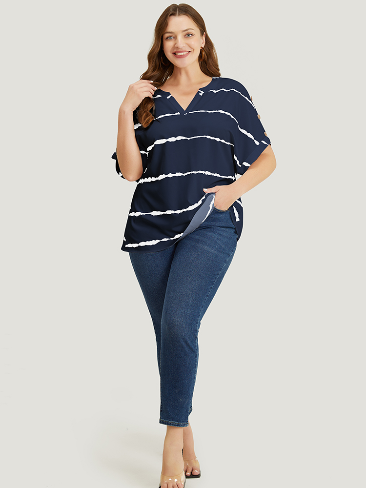 

Plus Size Indigo Tie Dye Notched Button Detail Roll Dolman Sleeve Striped Blouse Women Work From Home Short sleeve Notched collar Work Blouses BloomChic