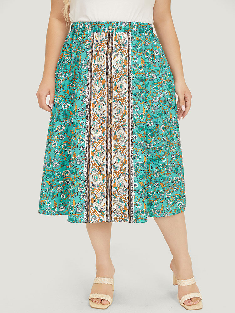 

Plus Size Bandana Print Pocket Button Detail Skirt Women Turquoise Vacation Printed No stretch Dailywear Skirts BloomChic