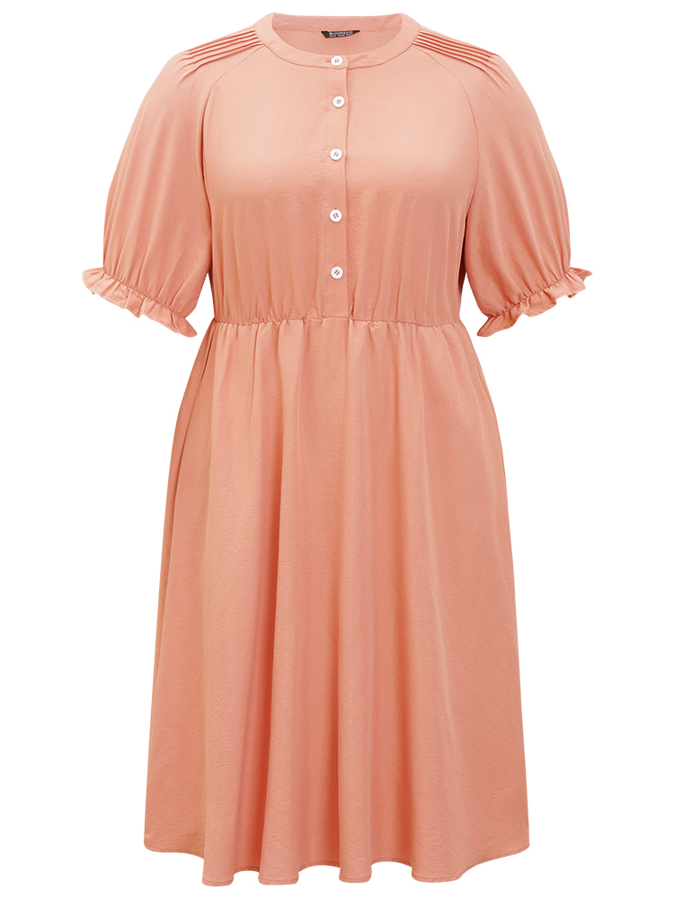 

Plus Size Plain Ruffles Pocket Button Up Puff Sleeve Pleated Dress Salmon Women Office Pleated Round Neck Short sleeve Curvy Midi Dress BloomChic