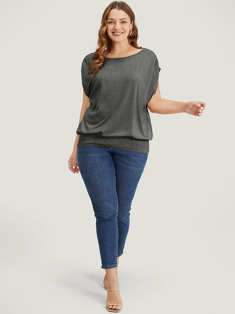 

Plus Size Solid Ruched Batwing Sleeve Shirred Hem T-shirt DimGray Women Elegant Ruched Plain Boat Neck Everyday T-shirts BloomChic