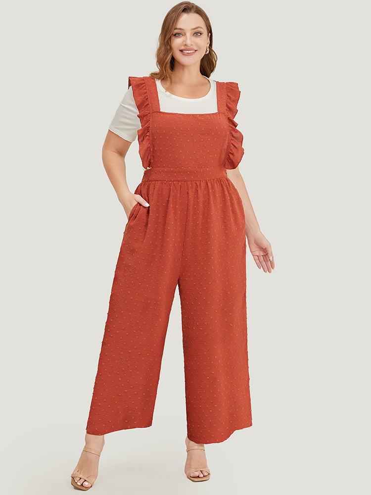 

Plus Size Rust Polka Dot Square Neck Pocket Ruffle Trim Overall Jumpsuit Women Elegant Sleeveless Square Neck Dailywear Loose Jumpsuits BloomChic