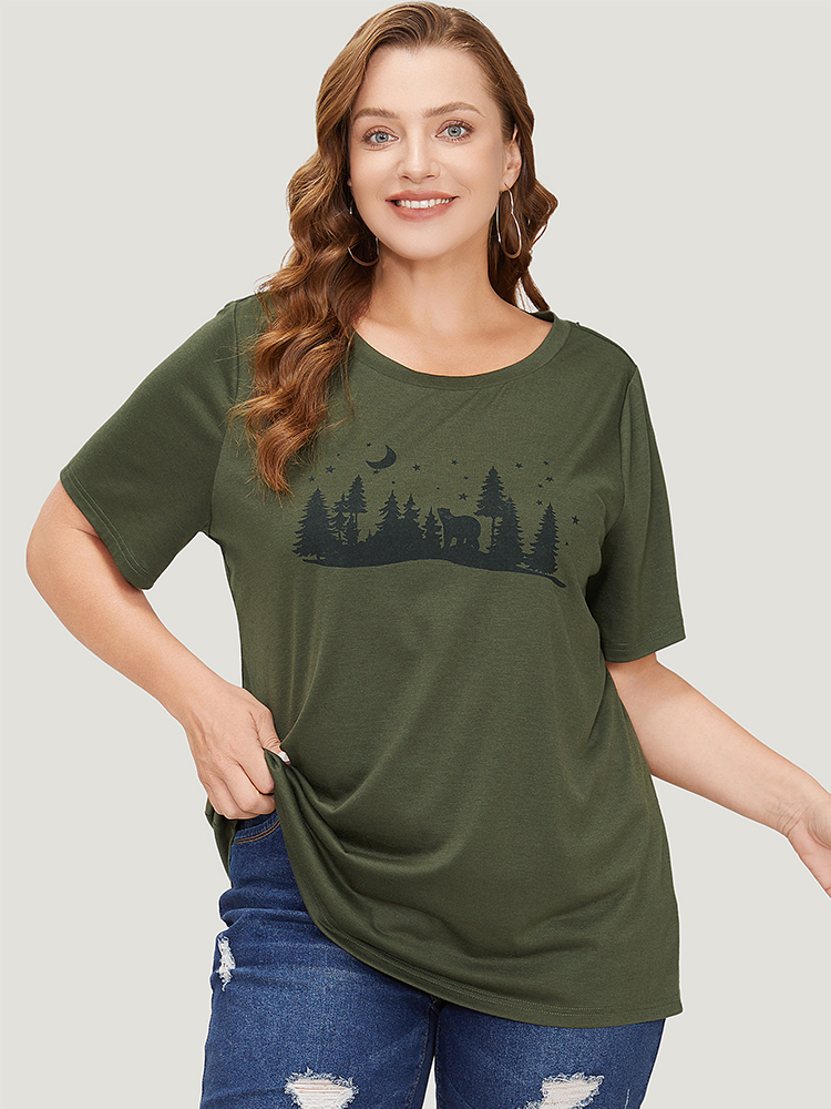 

Plus Size Tree & Moon Print Crew Neck Graphic Tee Sage Women Casual Western Round Neck Dailywear T-shirts BloomChic