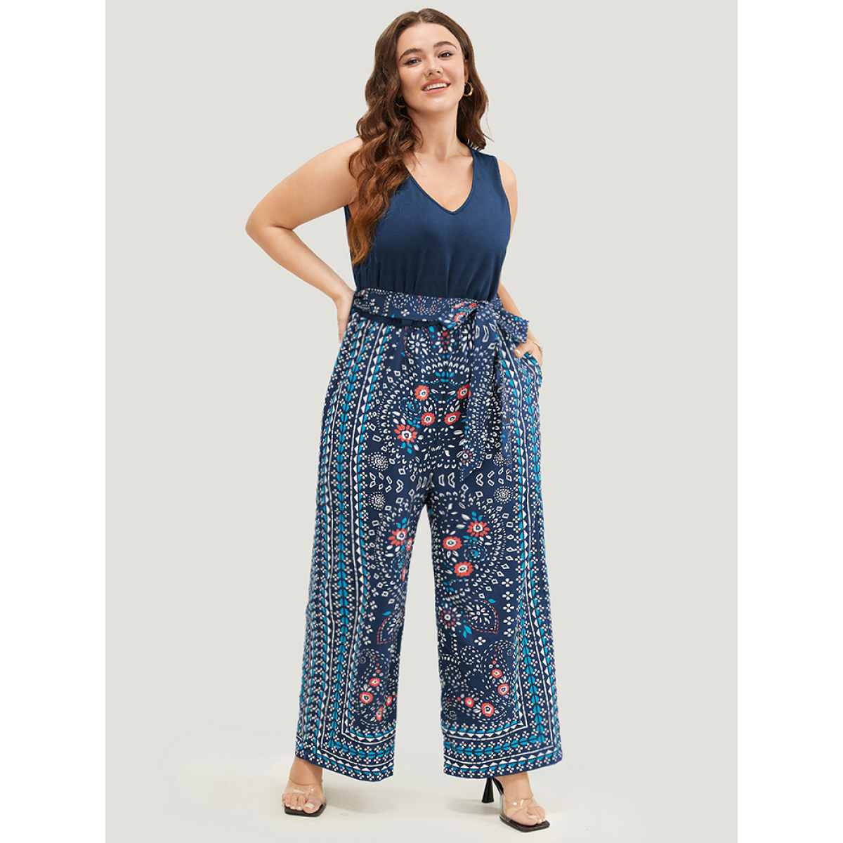 

Plus Size DarkBlue Paisley Patchwork Zipper Pocket Belted Tank Jumpsuit Women Vacation Sleeveless V-neck Dailywear Loose Jumpsuits BloomChic
