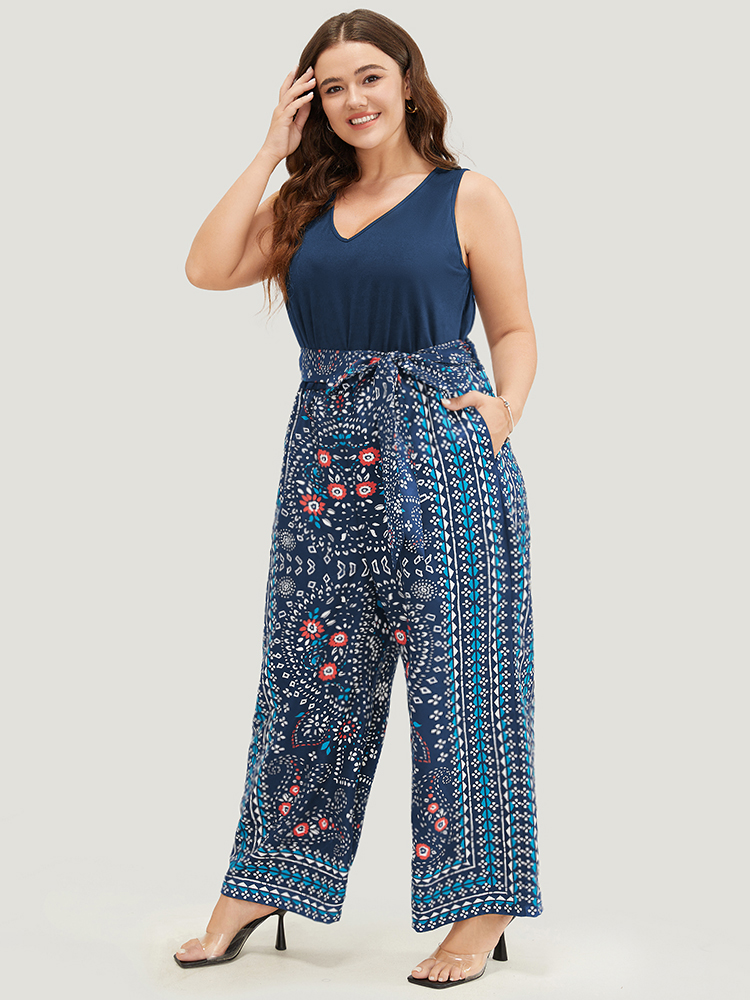 

Plus Size DarkBlue Paisley Patchwork Zipper Pocket Belted Tank Jumpsuit Women Vacation Sleeveless V-neck Dailywear Loose Jumpsuits BloomChic