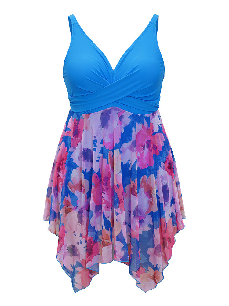 Floral Patchwork Hanky Hem Crossover V Neck Swim Dress BloomChic 