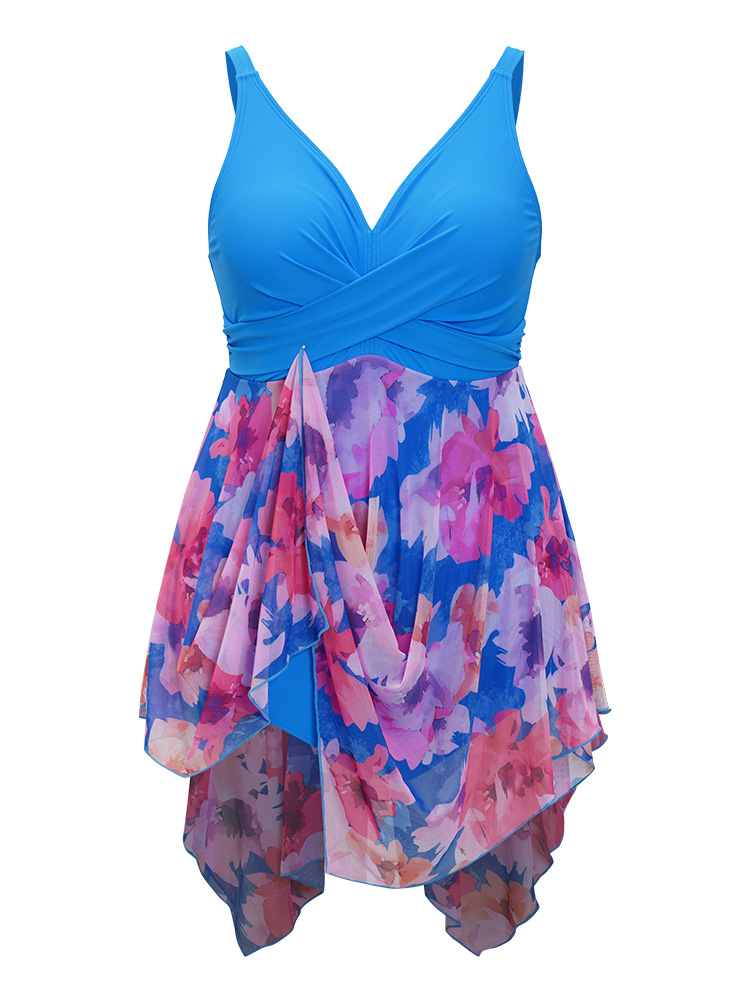Floral Patchwork Hanky Hem Crossover V Neck Swim Dress BloomChic 