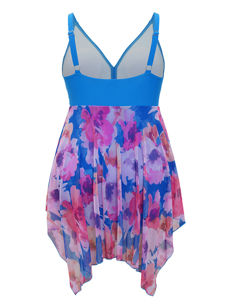 Floral Patchwork Hanky Hem Crossover V Neck Swim Dress BloomChic 