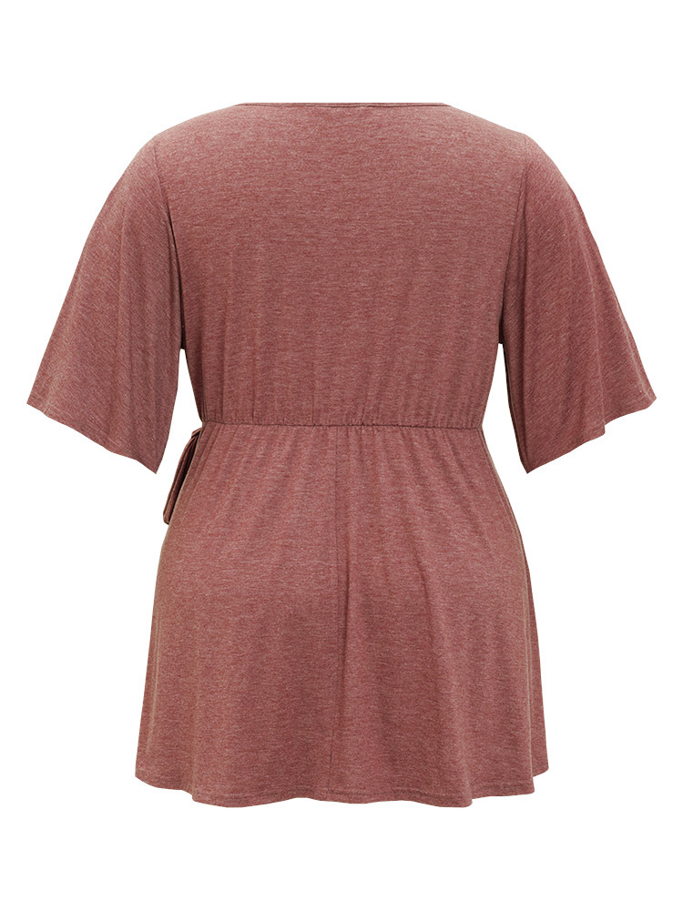 

Plus Size Plain Flutter Sleeve Knot Side Wrap T-shirt Russet V-neck Half Sleeve Elegant Jersey Tops