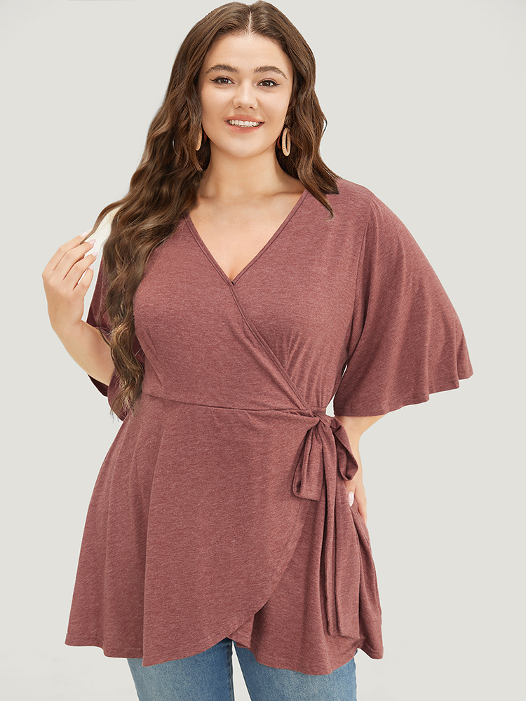 

Plus Size Plain Flutter Sleeve Knot Side Wrap T-shirt Russet V-neck Half Sleeve Elegant Jersey Tops