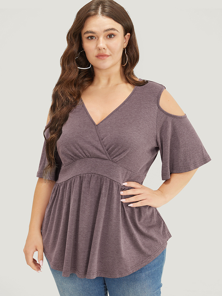 

Plus Size Plain Ruffles Cut Out Wrap Arc Hem T-shirt Mauve V-neck Half Sleeve Elegant Jersey Tops