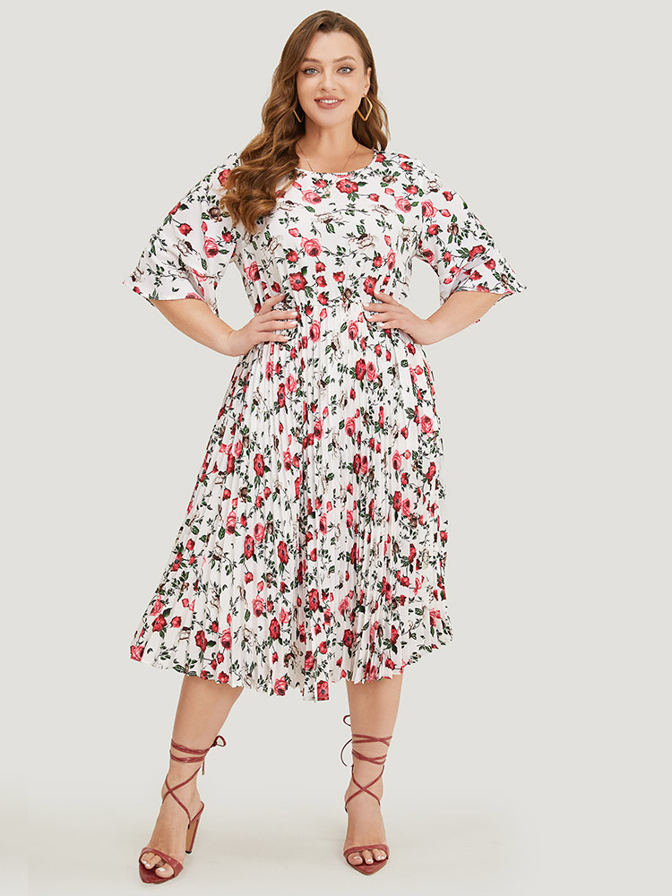 

Plus Size Floral Print Pleated Hem Pocket Bell Sleeve Midi Dress Multicolor Women Elegant Pleated Round Neck Half Sleeve Curvy Midi Dress BloomChic