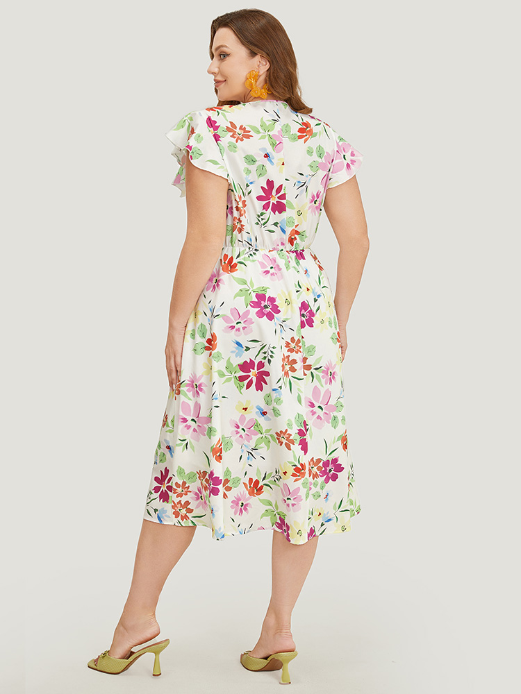 Plus Size Women Dailywear Floral Knotted Ruffle Sleeve Cap Sleeve V-neck Pocket Elegant Dresses BloomChic 