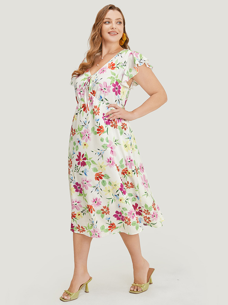 Plus Size Women Dailywear Floral Knotted Ruffle Sleeve Cap Sleeve V-neck Pocket Elegant Dresses BloomChic 