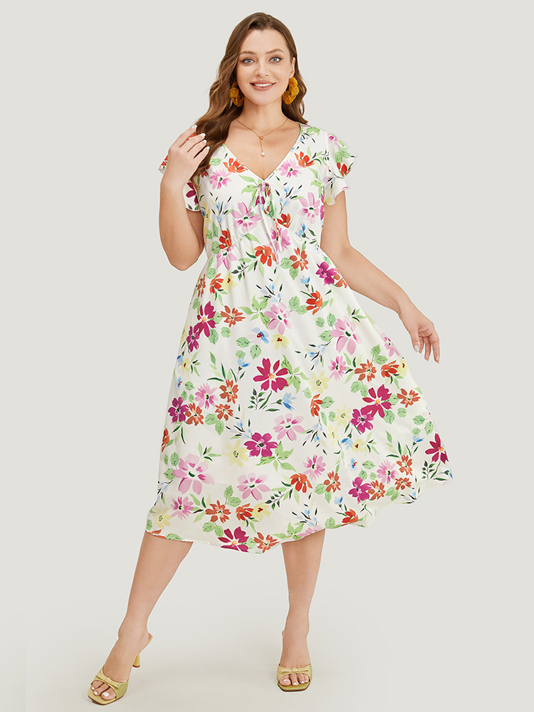 Plus Size Women Dailywear Floral Knotted Ruffle Sleeve Cap Sleeve V-neck Pocket Elegant Dresses BloomChic 