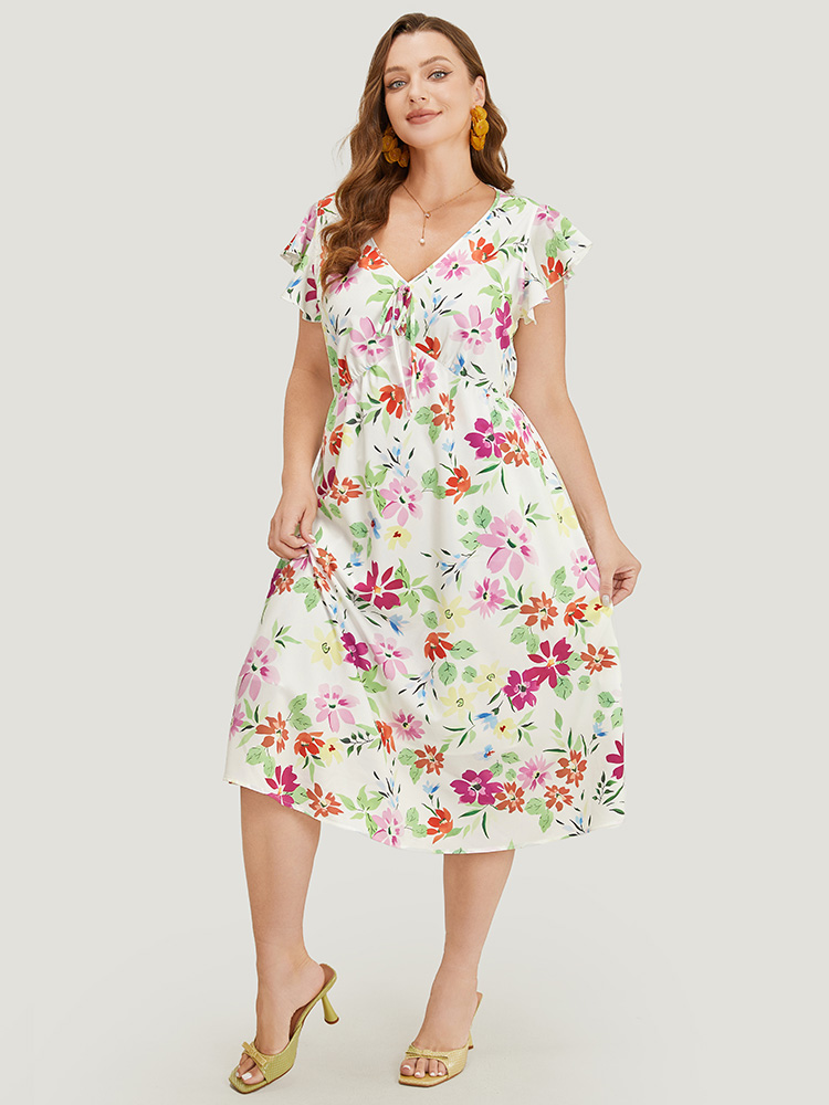 Plus Size Women Dailywear Floral Knotted Ruffle Sleeve Cap Sleeve V-neck Pocket Elegant Dresses BloomChic 