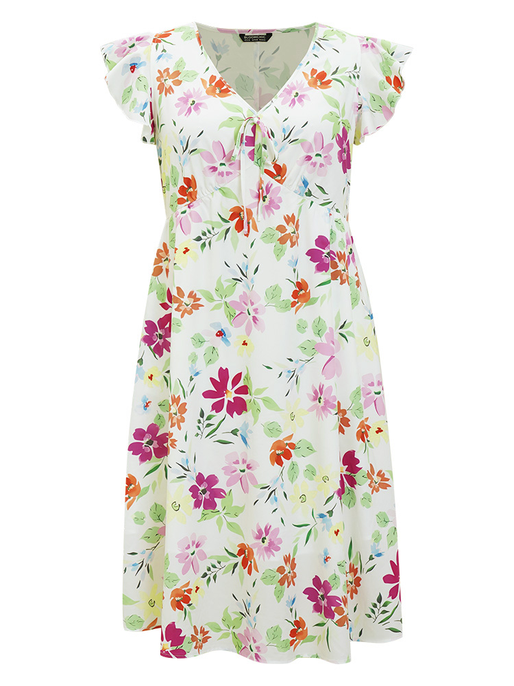 Plus Size Women Dailywear Floral Knotted Ruffle Sleeve Cap Sleeve V-neck Pocket Elegant Dresses BloomChic 