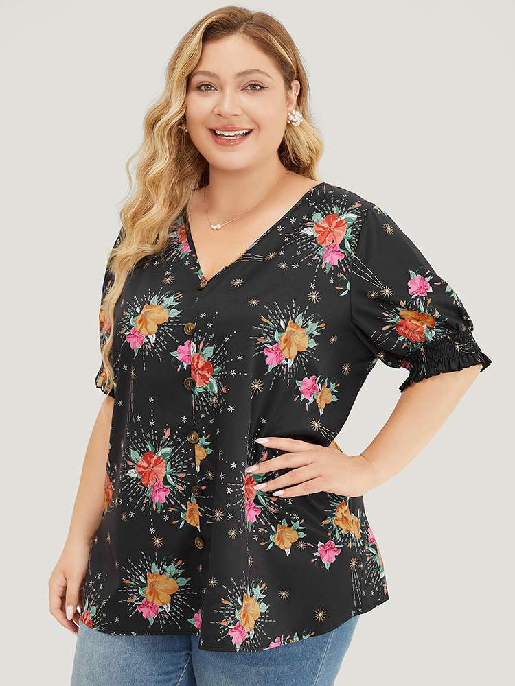 

Plus Size BlackFlower Floral Shirred Puff Sleeve Blouse Women Glamour Short sleeve V-neck Going out Blouses BloomChic