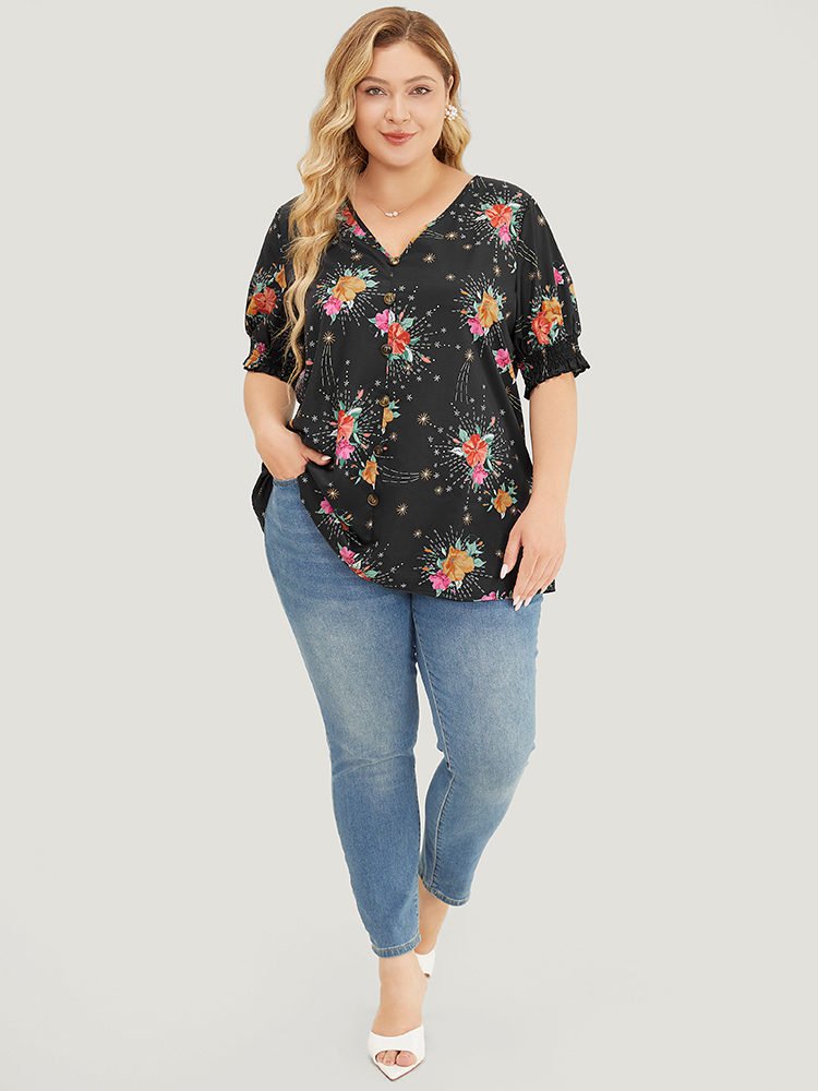 Plus Size Women Going out Floral Button Puff Sleeve Short sleeve V-neck Glamour Blouses BloomChic 