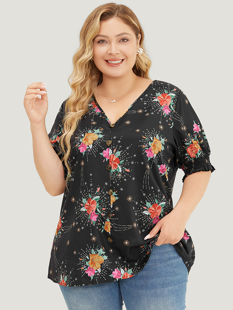 Plus Size Women Going out Floral Button Puff Sleeve Short sleeve V-neck Glamour Blouses BloomChic 