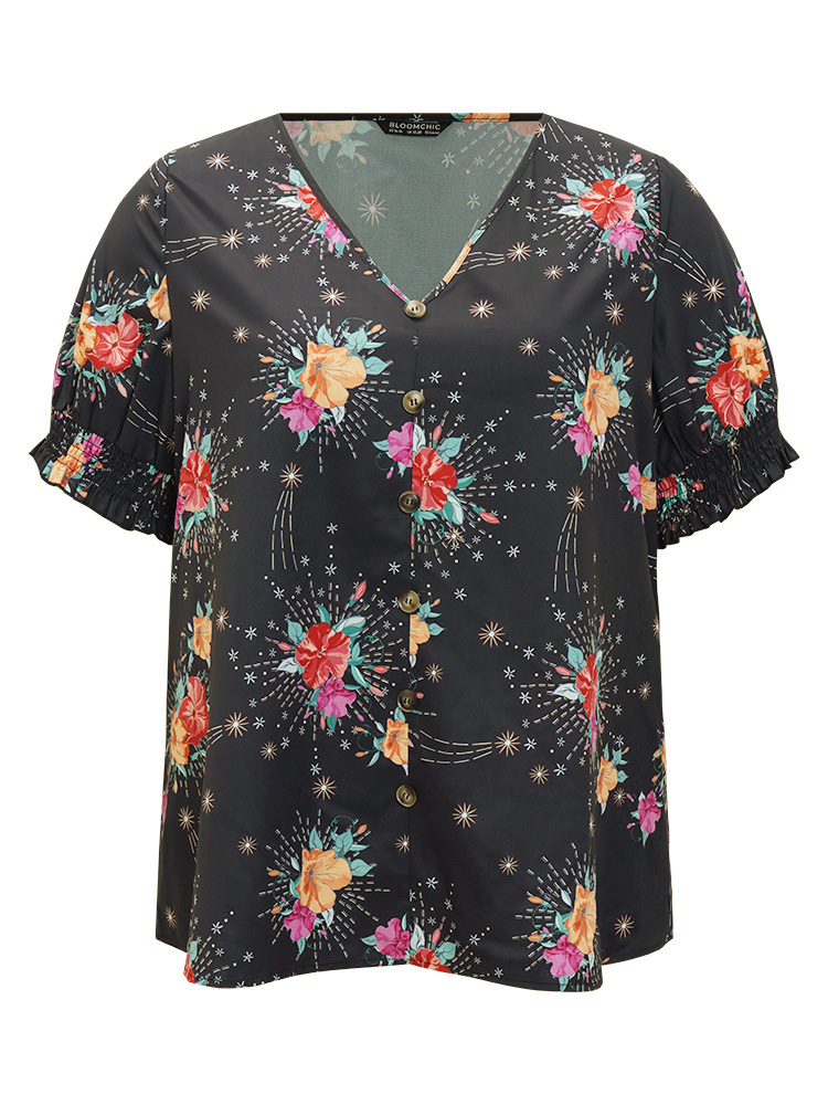 

Plus Size BlackFlower Floral Shirred Puff Sleeve Blouse Women Glamour Short sleeve V-neck Going out Blouses BloomChic