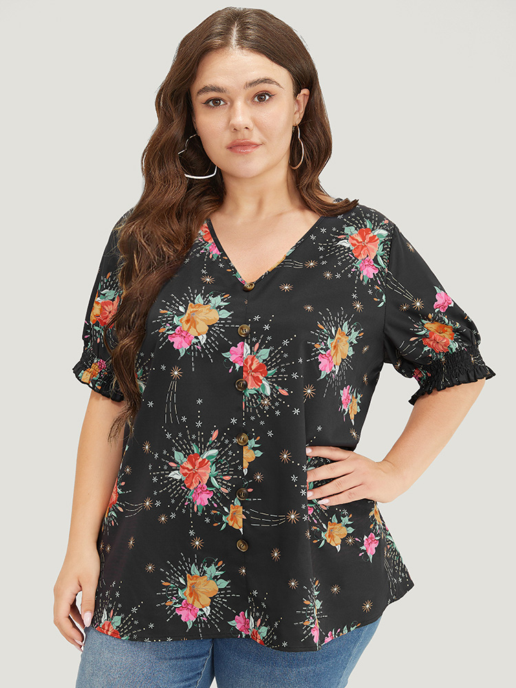 Plus Size Women Going out Floral Button Puff Sleeve Short sleeve V-neck Glamour Blouses BloomChic 