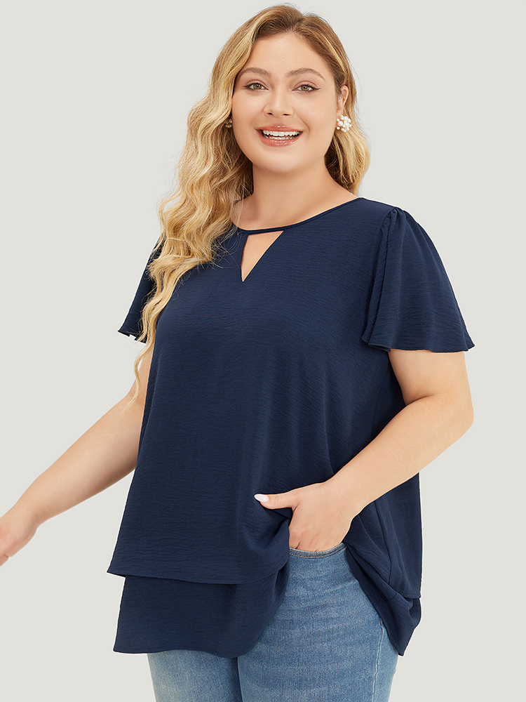 

Plus Size Indigo Solid Flutter Sleeve Keyhole Layered Hem Blouse Women Office Short sleeve V-neck Work Blouses BloomChic