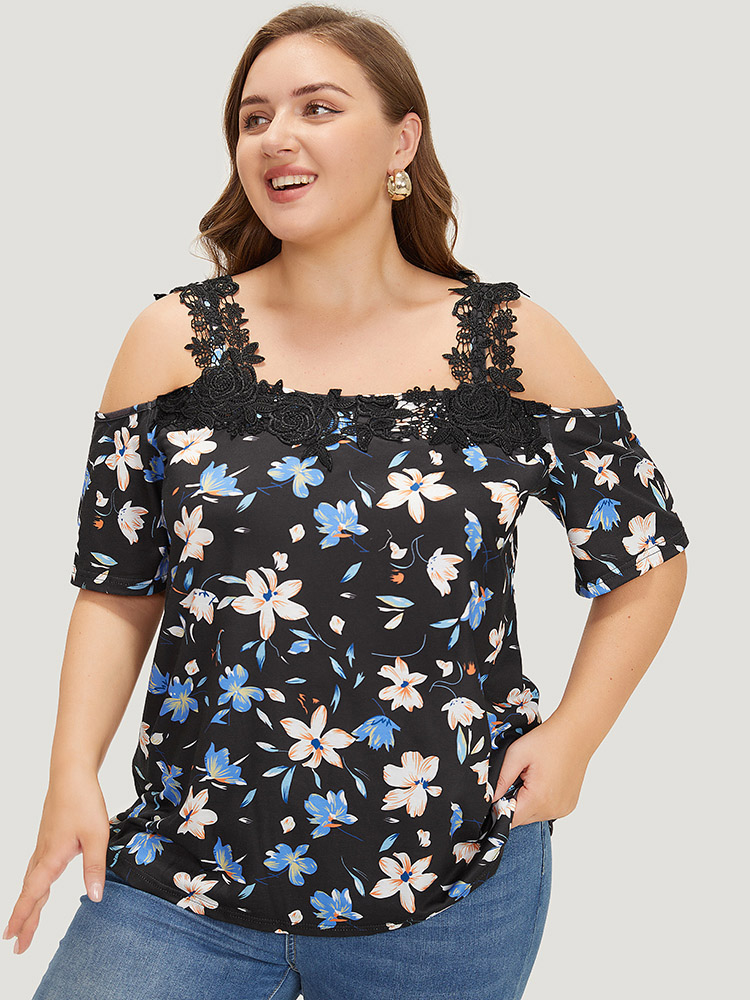 

Floral Guipure Lace Cold Shoulder T-shirt, Black